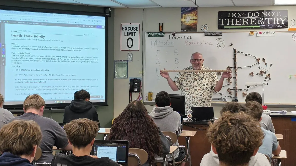Teacher at front of classroom.