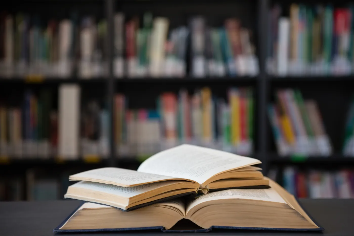 Stack of books in library.