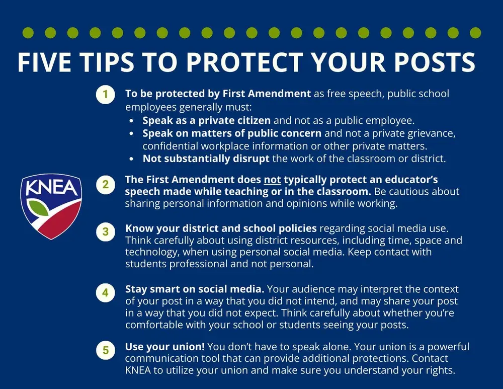 A graphic with 5 tips from this resource to protect educators and ESPs while using social media.