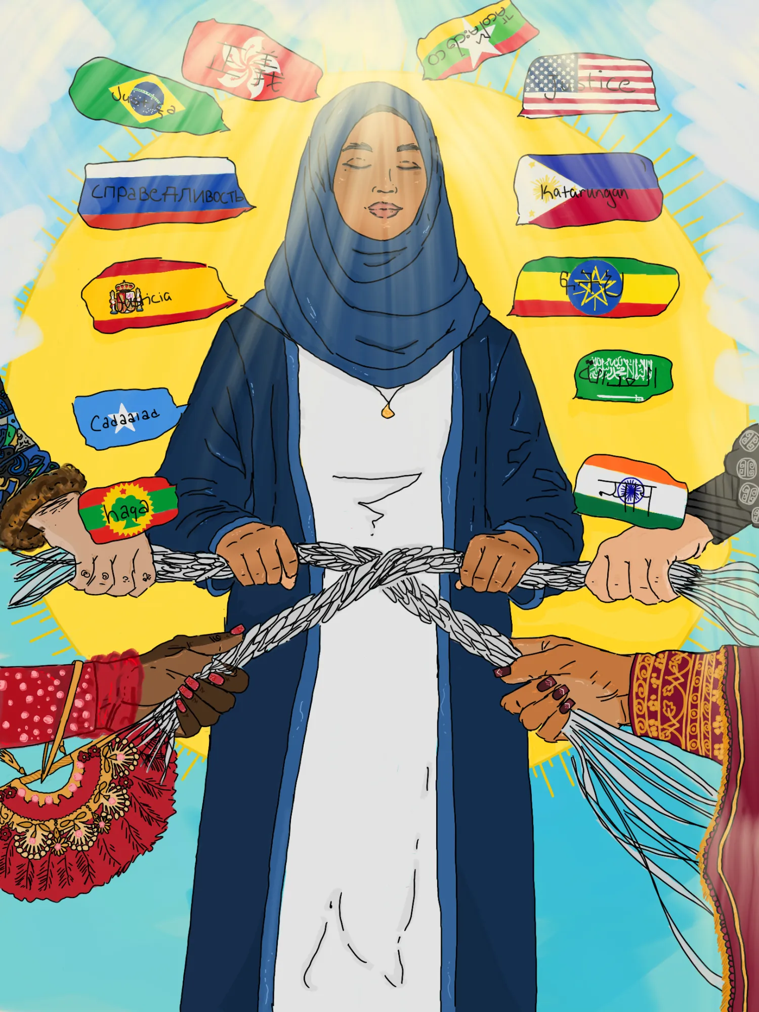 Calm figure holding a rope surrounded by Justice in different languages