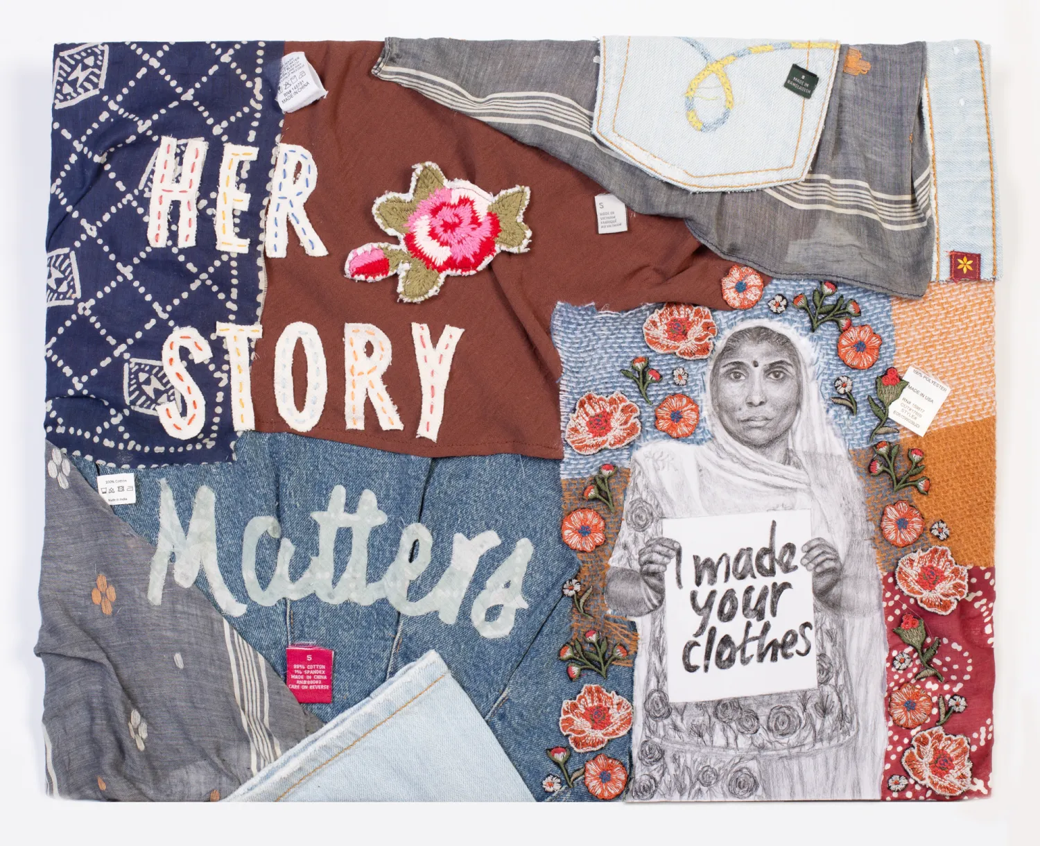 A background of various fabrics with Her Story Matters written on top with a drawing of an Indian woman holding a sign saying I made your clothes