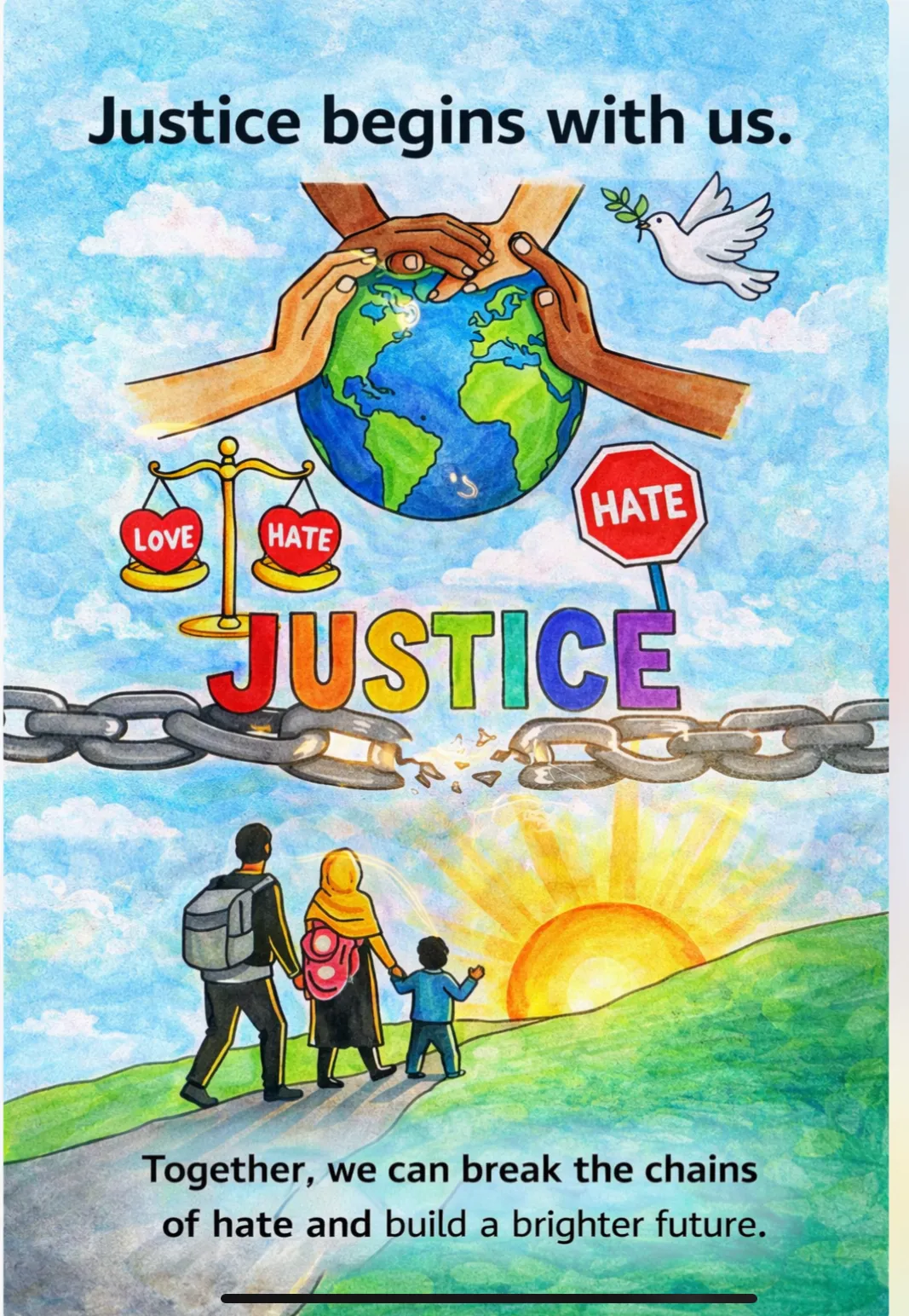 Three people walking toward the sun with hands of all colors holding the Earth above them with a broken chain
