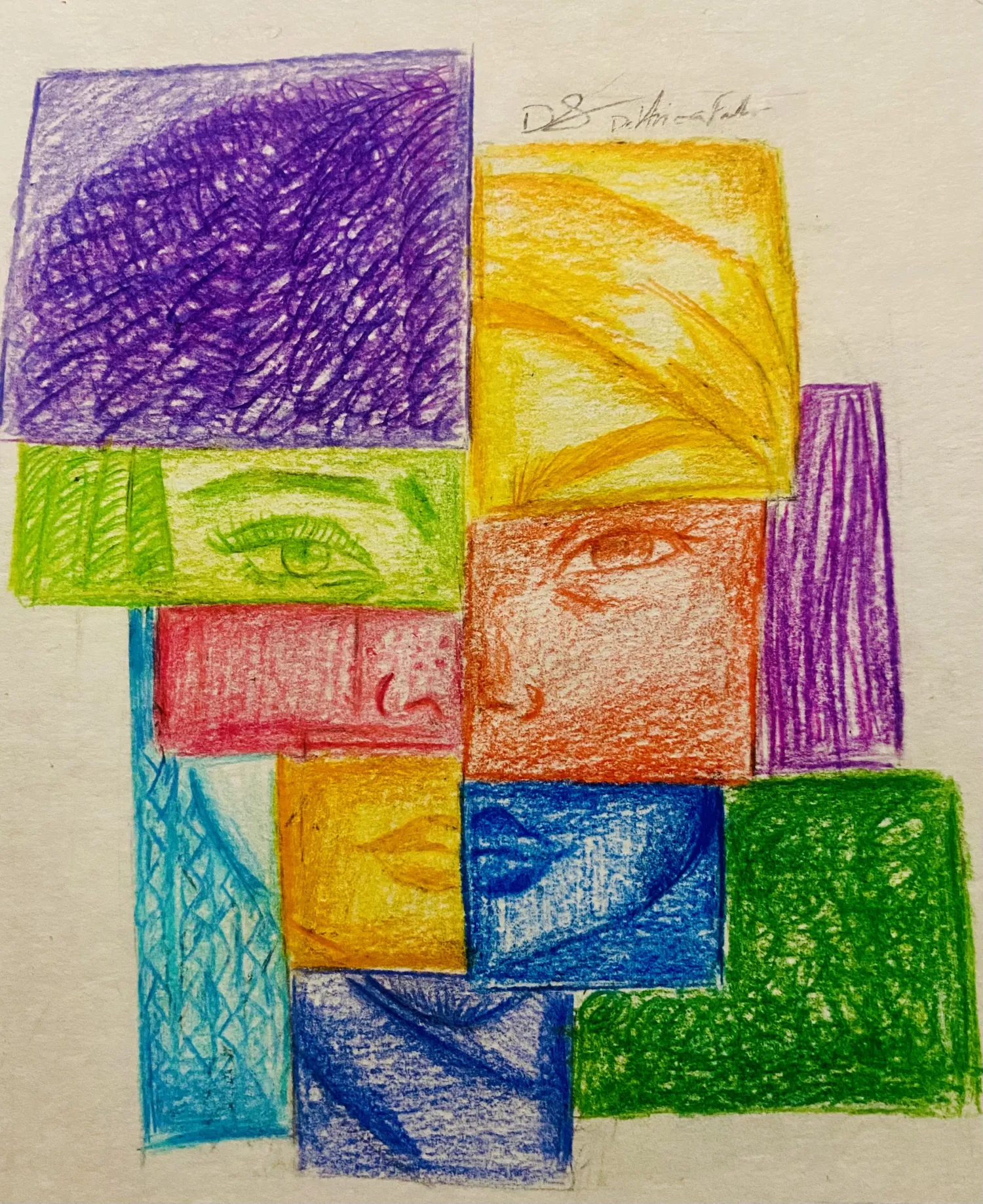 Drawing of a face that is in blocks that represent different people
