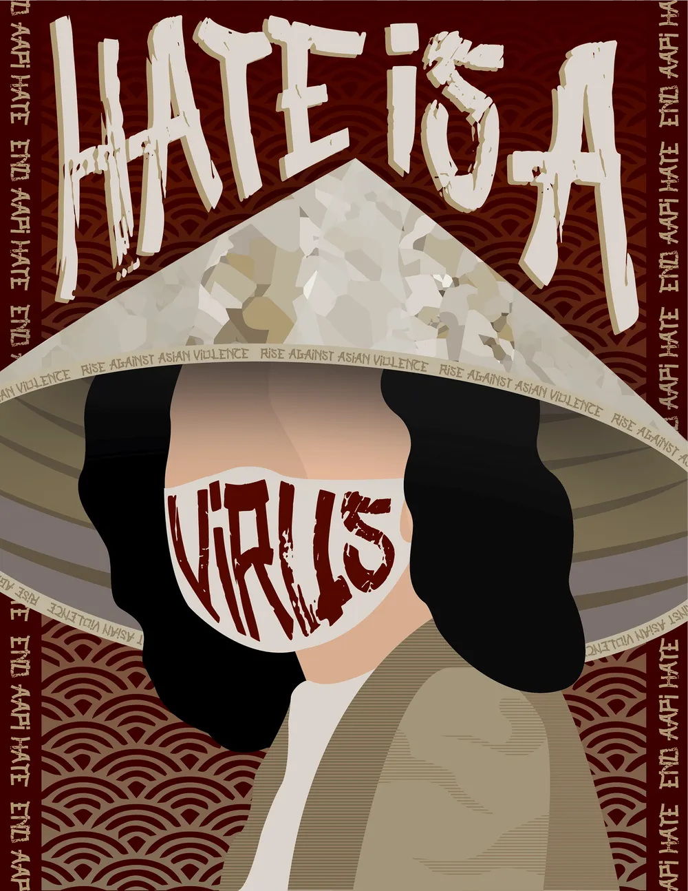 An Asian person wearing a mask that says Virus with Hate is a above their head