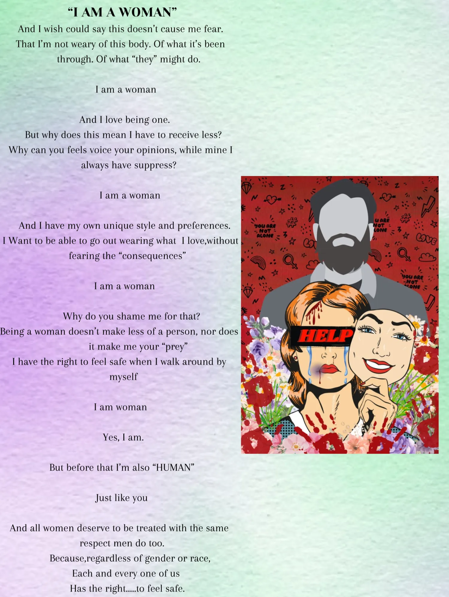 Poem with a drawing to the side of a woman holding a mask of her face where the underneath says HELP