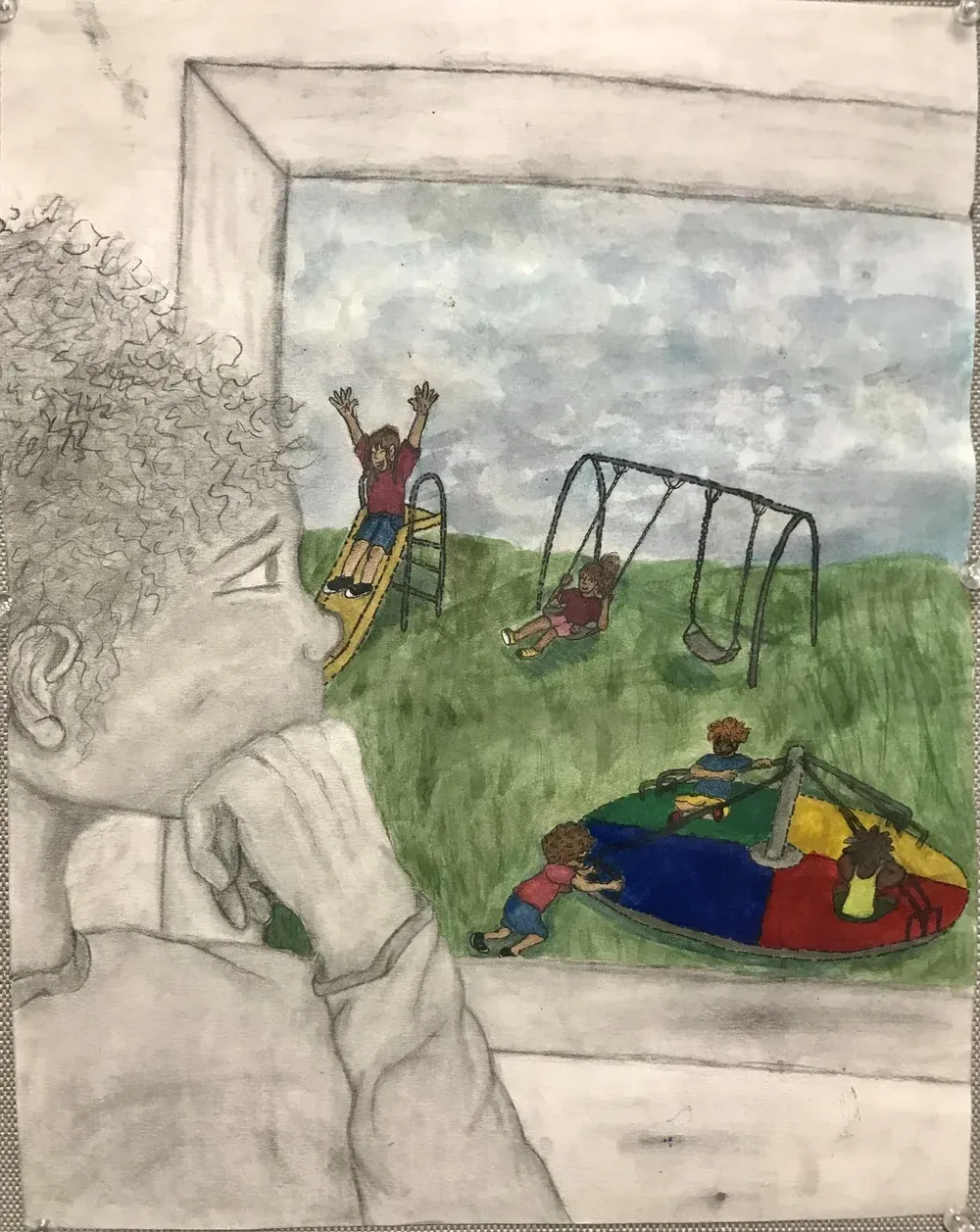 A black and white drawing of a girl staring out a window where it is colorful with children playing