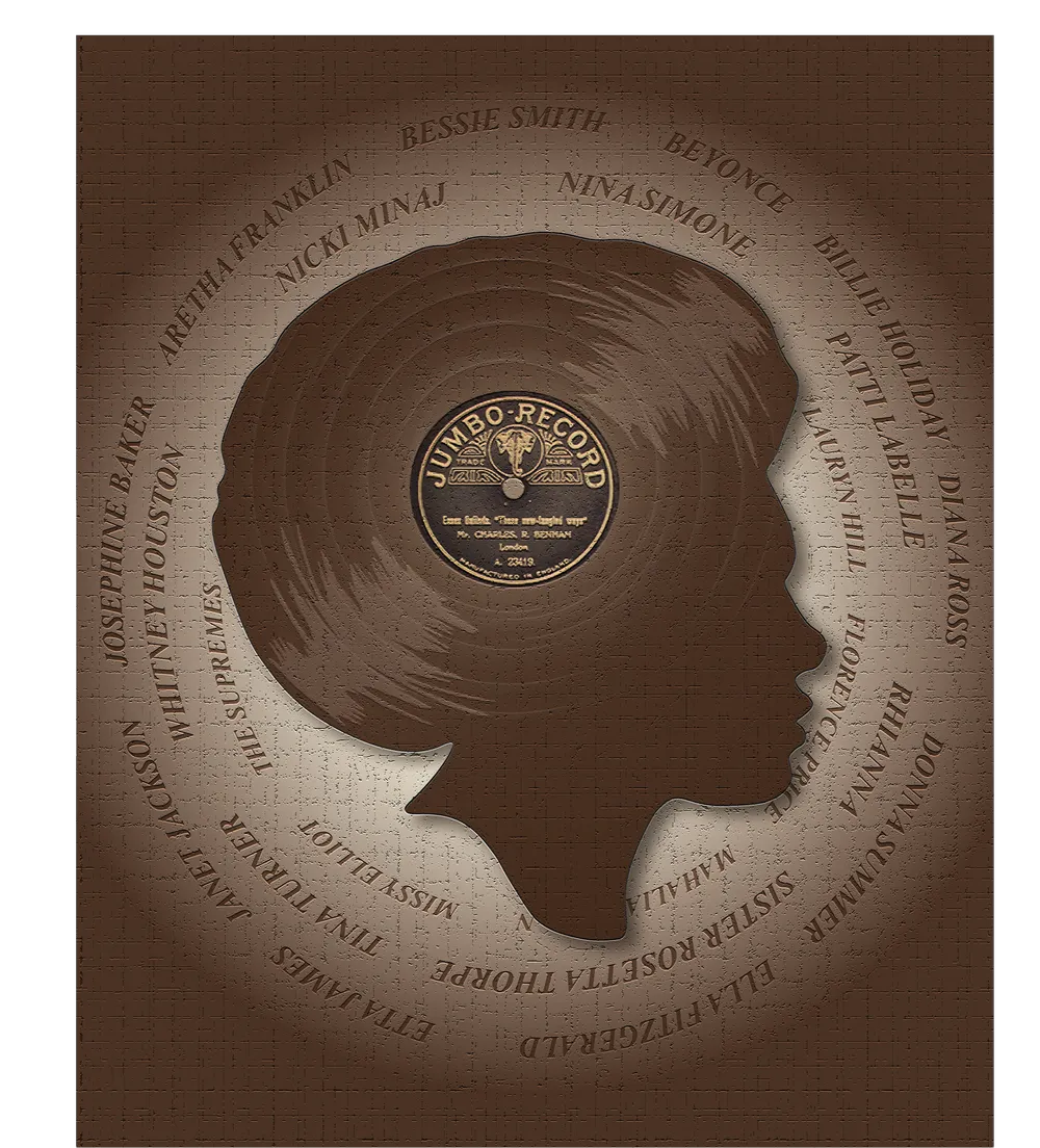 A Black person's silhouette with a record label in the middle then Black singers names surrounding the outside 