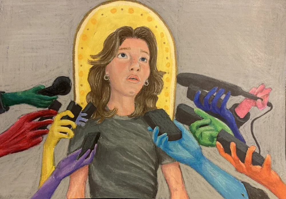 A woman who has multiple microphones being forced in her face by multicolored hands