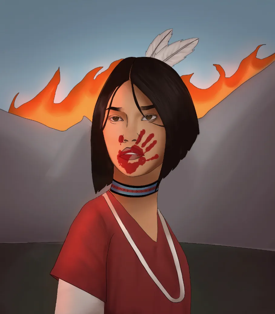 An Indigenous person standing in front of a mountain on fire