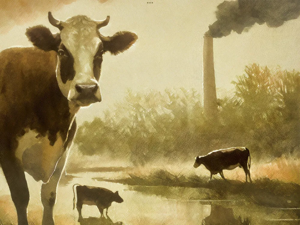 Drawing of cows standing in front of a smokestack