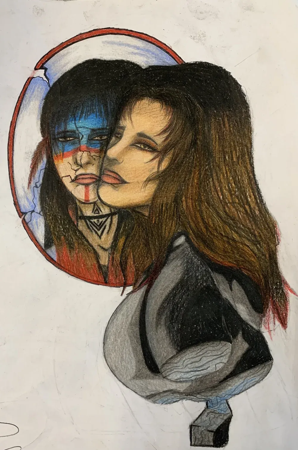 Indigenous woman standing with her face pressed to a broken mirror, the reflection showing her heritage.
