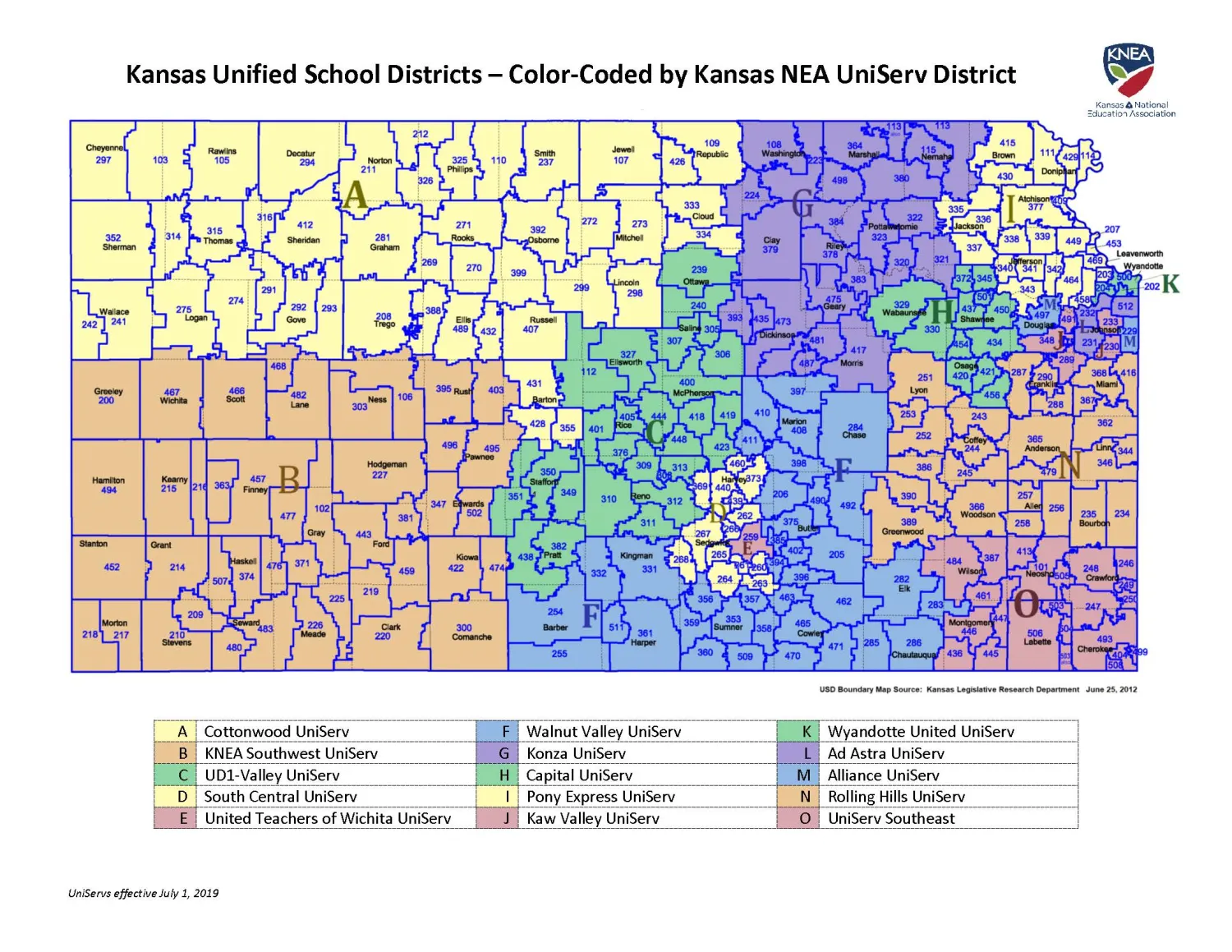 Kansas UniServ map with School Districts