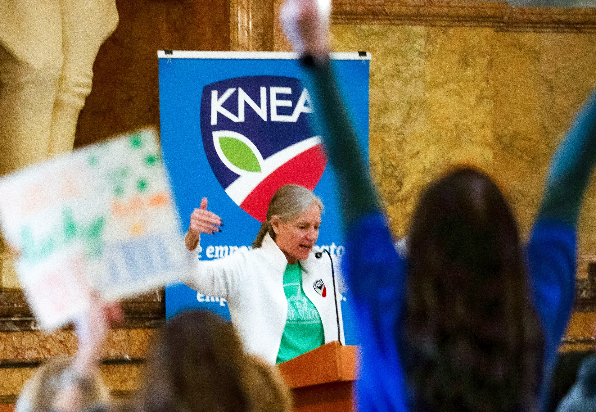 KNEA President Sherri Schwanz speaks at a Statehouse Rally.
