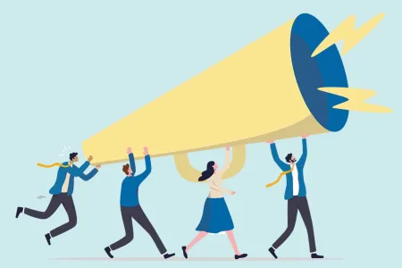An illustration of a group of people holding a megaphone.