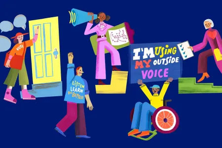 illustrations of different people as changemakers on a dark blue background