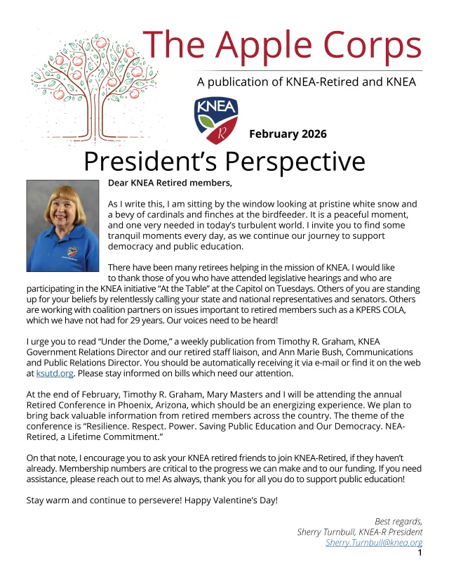 Front cover of the KNEA-R February 2026 Apple Corps