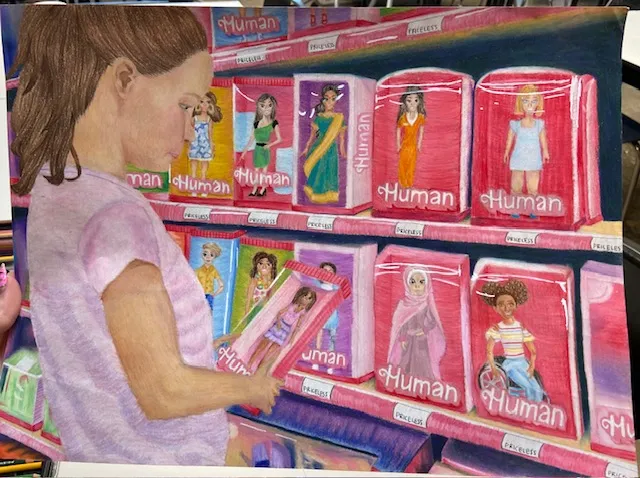 Drawing of a small girl holding a box that has a doll that says Human on it